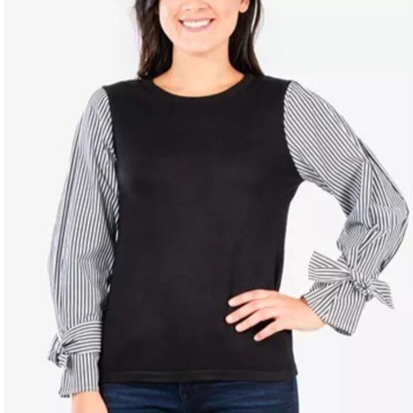 NY Collection Striped Sleeve Navy Sweater XLP NWT - Picture 3 of 4